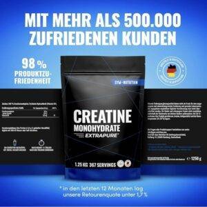 Creatine Monohydrat Pulver 1,25kg / 1250g - Ultra Reines Kreatin Monohydrat mit Vitamin B6 - Optimal Hochdosiert - Extrapure Creatin Monohydrat - Creatin Pulver Monohydrate - Vegan Jahresvorat PREMIUM