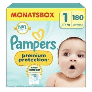 Pampers Baby Windeln Größe 1, Premium Protection, Windeln x180, 2kg-5kg, Doppelter Schutz für Hautkomfort & gegen Auslaufen