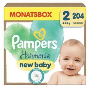 Pampers Baby Windeln Größe 2 (4-8 kg) Harmonie, MONATSBOX, Sanfter Hautschutz Und Pflanzenbasierte Inhaltsstoffe, 204 Stück
