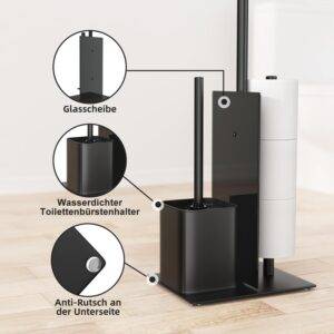 Edelstahl Klopapierhalter Stehend mit Klobürste - Toilettenpapierhalter mit WC Bürste, WC Garnitur mit Toilettenpapierhalter und Toilettenbürste, Klorollenhalter Stehend mit Glasregal (Schwarz Matt)