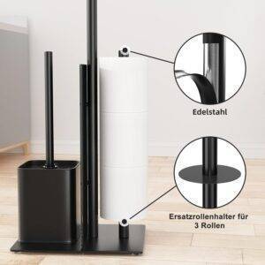 Edelstahl Klopapierhalter Stehend mit Klobürste - Toilettenpapierhalter mit WC Bürste, WC Garnitur mit Toilettenpapierhalter und Toilettenbürste, Klorollenhalter Stehend mit Glasregal (Schwarz Matt)