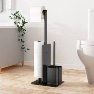 Edelstahl Klopapierhalter Stehend mit Klobürste - Toilettenpapierhalter mit WC Bürste, WC Garnitur mit Toilettenpapierhalter und Toilettenbürste, Klorollenhalter Stehend mit Glasregal (Schwarz Matt)