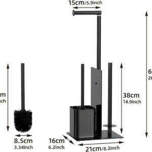 Edelstahl Klopapierhalter Stehend mit Klobürste - Toilettenpapierhalter mit WC Bürste, WC Garnitur mit Toilettenpapierhalter und Toilettenbürste, Klorollenhalter Stehend mit Glasregal (Schwarz Matt)