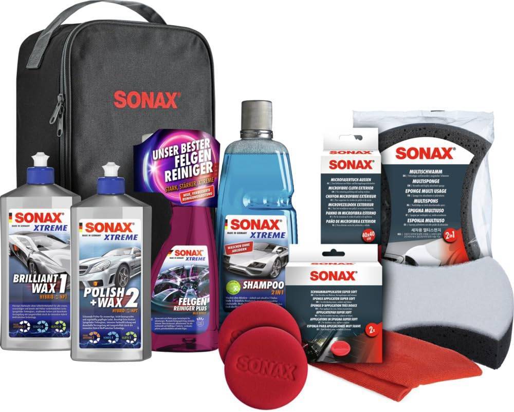 SONAX XTREME Autopflege Set inkl. Tasche (8-teilig); Autoreinigungs- & Pflegeset für den Fahrzeug-Außenbereich (Lack & Felgen)
