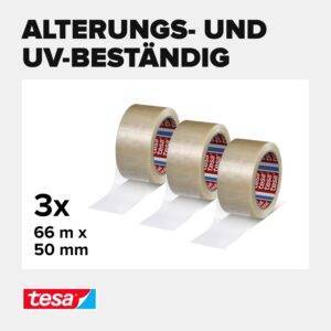 tesa tesapack Strong - Geräuscharmes Paketklebeband zum Verpacken von Paketen und Versandschachteln - transparent - 3 Rollen je 66 m: 50mm