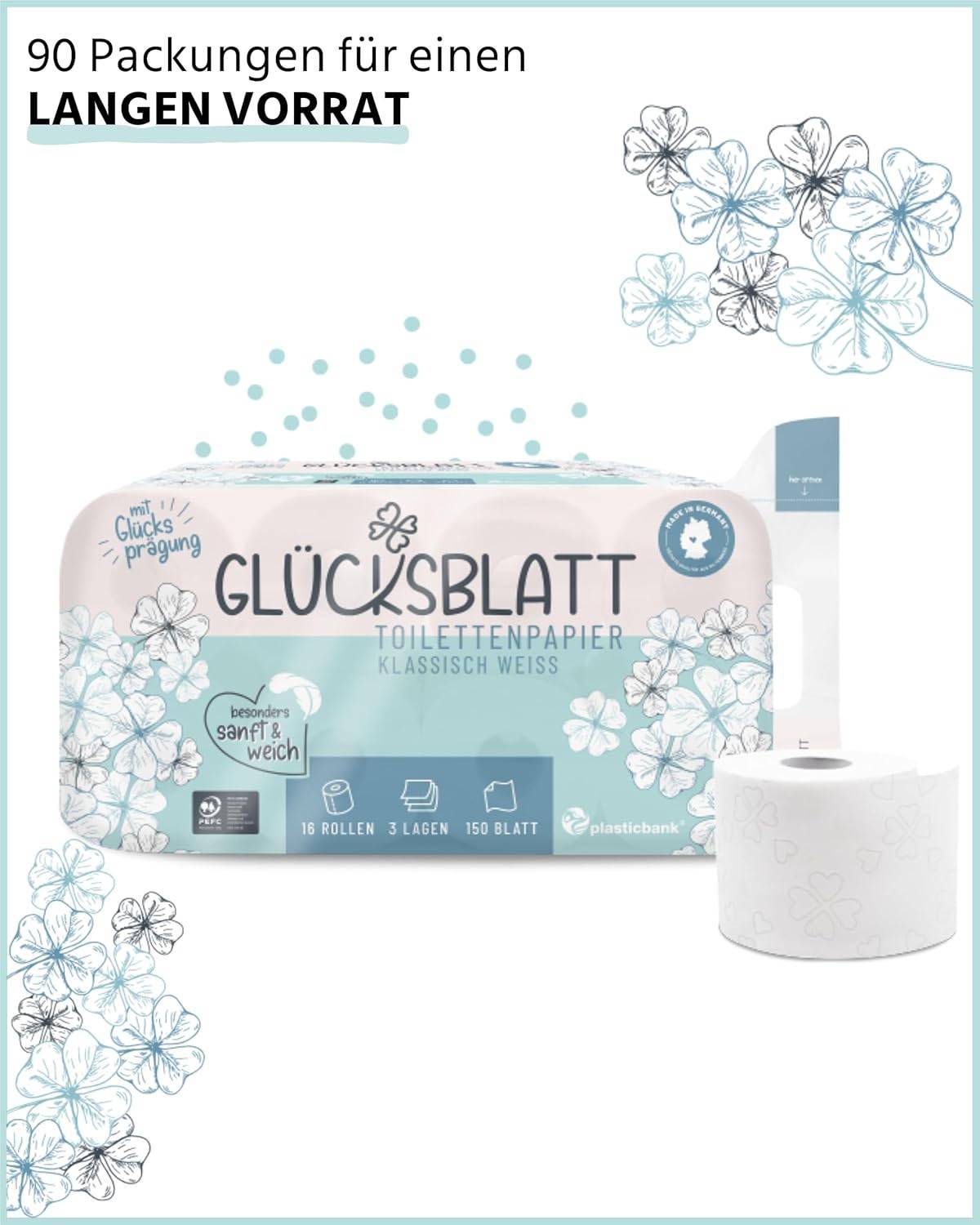 Toilettenpapier KLASSISCH WEISS, 3-lagig, 720 Rollen x 150 Blatt, 100% Zellstoff, weiches Klopapier mit Glücks-Prägung, WC Papier, Palette, Verpackung aus mind. 30% PCR-Anteil