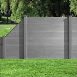 WPC-Zaun XXL I Sichtschutz-Zaun, Steckzaun, Gartenzaun Komplettset I beidseitig glatt I 9x Quadr. + 9x Pf. + 1x Eck-Pf. I zum Aufschrauben I Zaun: Grau I Pf.: Grau