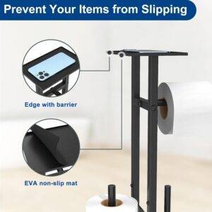 Edelstahl Klopapierhalter Stehend mit Klobürste - Toilettenpapierhalter mit Tablett, WC Bürste, Klorollenhalter Stehend mit Glasregal (Schwarz Matt)