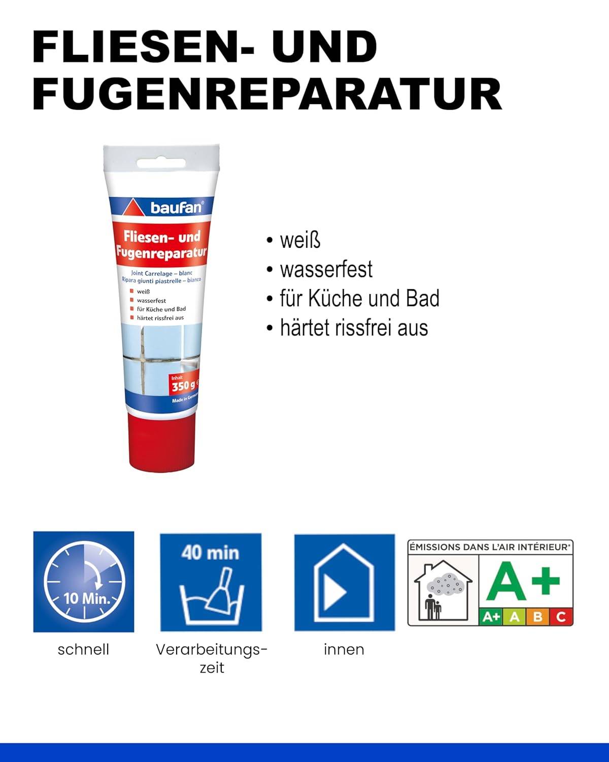 Baufan Fliesen- und Fugenreparatur Weiß 350g I Wasserfeste Spachtelmasse mit optimaler Haftung I Für Küche & Bad I Härtet rissefrei aus I Fugen-Mörtel – Bild 3