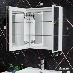 LED Badezimmerschrank mit Steckdose 600x650mm, weißer Wandspiegelschrank mit Defogger und LED Licht, Aluminiumrahmen
