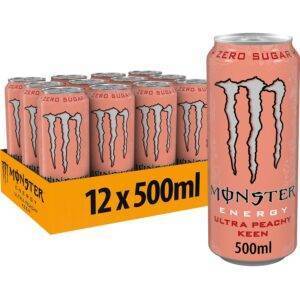 Monster Energy Ultra Peachy Keen - koffeinhaltiger Energy Drink mit erfrischendem Pfirsich-Geschmack - ohne Zucker und ohne Kalorien - in praktischen Einweg Dosen (12 x 500 ml)