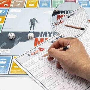 my first million game Gesellschaftsspiele für Erwachsene, Investitionsspiel Brettspiel mit Aktien, Immobilien und Startups, Wissensspiel ab 16 Jahren