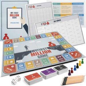 my first million game Gesellschaftsspiele für Erwachsene, Investitionsspiel Brettspiel mit Aktien, Immobilien und Startups, Wissensspiel ab 16 Jahren
