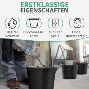 Baueimer 20L Eimer mit Ausguss Tülle Skala Baueimer Wassereimer Mörteleimer (Kunststoffeimer Kübel mit Ausguss für Zement und Mörtel, 10-tlg., Stabiler
