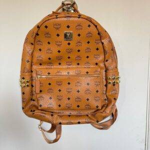 MCM Medium STARK bedruckter Rucksack braun Cognac Canvas Leder Unisex gebraucht
