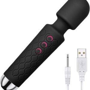 Massagestab Massager Leises&Starkes,Elektrischer Handheld Kabelloses Handmassagegerät Stab-Massager aus Weiches Silikon, 20 Vibrationsmodi& 8 Geschwindigkeiten,Ganzkörper,Schwarz