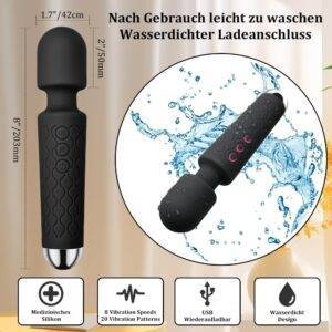 Massagestab Massager Leises&Starkes,Elektrischer Handheld Kabelloses Handmassagegerät Stab-Massager aus Weiches Silikon, 20 Vibrationsmodi& 8 Geschwindigkeiten,Ganzkörper,Schwarz