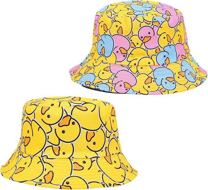 2 Stück Enten Reversibel Fischerhut für Damen Herren, Wendbares Fischerhüte Modisch Sommerhut Hut, Faltbar Anglerhut Doppelseitig Retro Thema Eimer Hüte für Tägliche Karneval