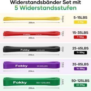 Fokky Fitnessbänder Widerstandsbänder mit 5 Stufen, Resistance Bands mit Türanker, 2*Griffen, Übungsanleitung&Tragebeutel, Gymnastikband Klimmzugband Fitnessband für Muskelaufbau,Yoga,Pilates 5er Set
