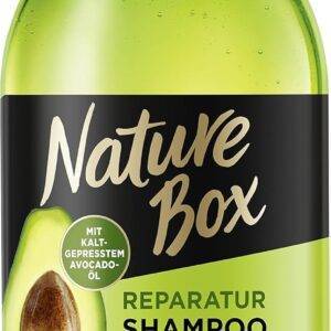 Nature Box Shampoo Reparatur (385 ml), Shampoo für strapaziertes Haar mit kaltgepresstem Avocado-Öl, Haarshampoo für Schutz vor Spliss, Flasche aus 100 % recyceltem Social Plastic