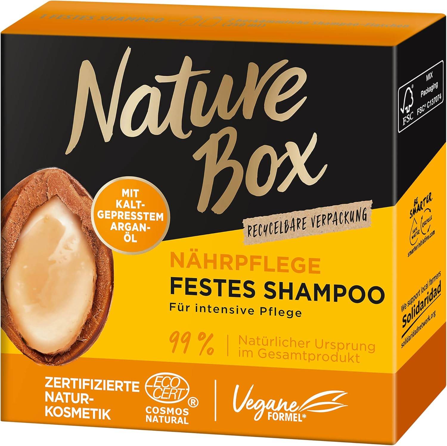 Nature Box festes Shampoo Nährpflege (85 g), festes Haarpflege-Shampoo mit kaltgepresstem Argan-Öl sorgt für intensive Pflege, recycelbare Verpackung