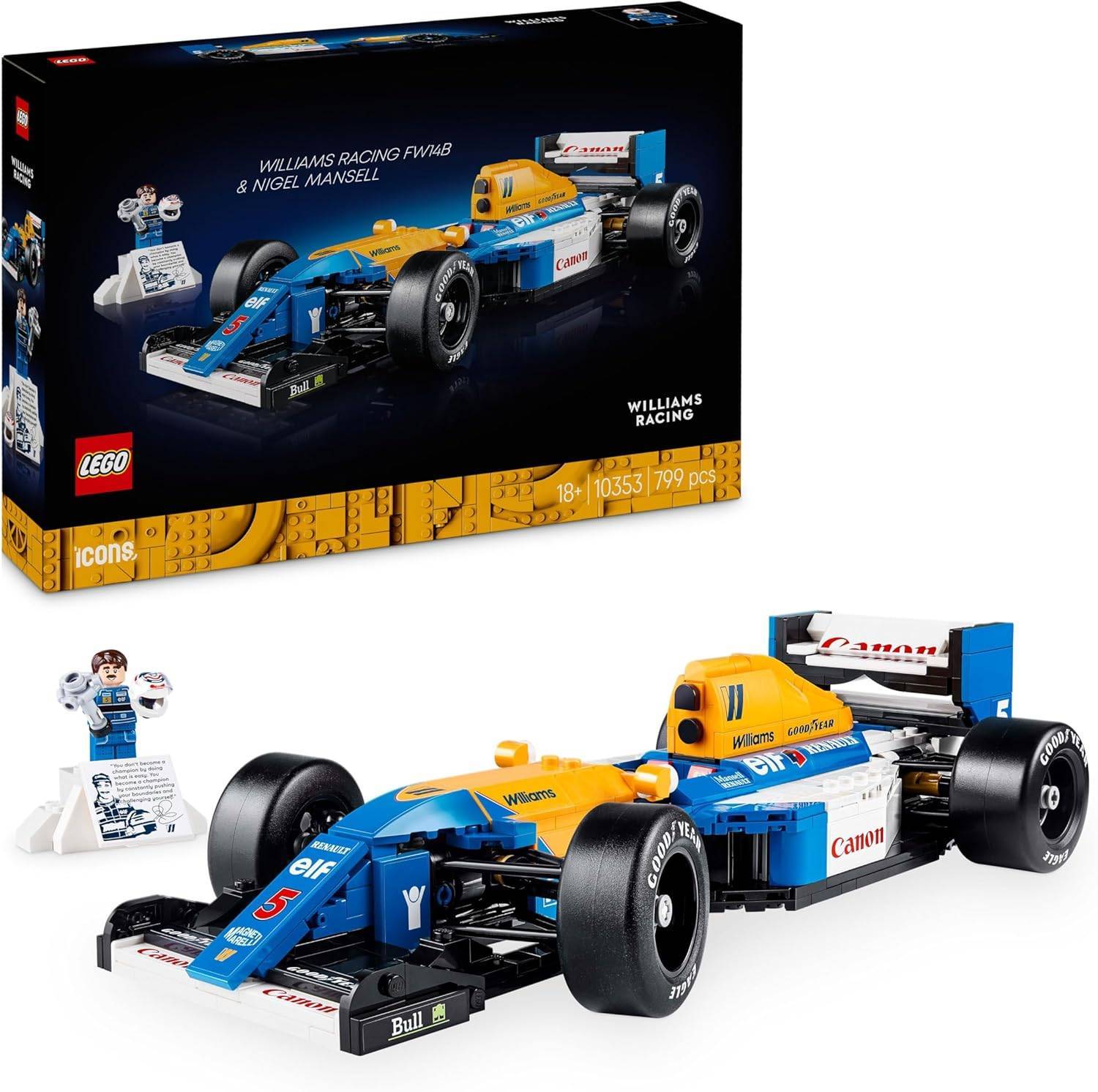 LEGO Icons Williams Racing FW14B mit Nigel Mansell - F1 Modellauto Set mit Rennfahrer Minifigur zum Sammeln - Schreibtischdeko mit Ständer - Geschenk für Erwachsene & Jugendliche Motorsportfans 10353