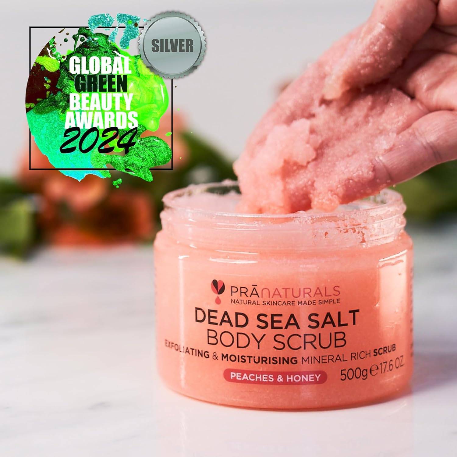 Körperpeeling mit Salz aus dem Toten Meer 500g - Feuchtigkeitsspendend & pflegend, Natürlichen Ölen & Mineralstoffen, keine Parabene, vegan, frei von Tierversuchen (Pfirsiche und Honig) – Bild 2
