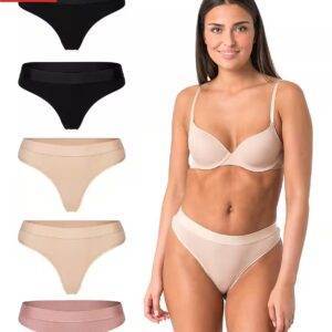 ELSIE String Unterhosen Damen String Tanga Damen aus 95% Baumwolle mit Stretch (Packung, 5-St., 5er-Pack / 2x Schwarz 2x Beige 1x Rosa) Bequeme Unterwäsche Frauen Slip Damen