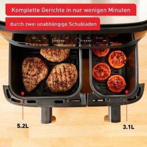 TEFAL Heißluftfritteuse EY905B Dual Easy Fry & Grill Doppelkammer, 8,3 L Kapazität, mit Hamburger Presse