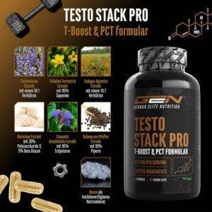 Testo Stack Pro - Extra Stark mit Turkesteron, Ecdysteron, Fadogia Agrestis, Tribulus, Hericium Extrakt, Boron - 180 Kapseln - Vegan