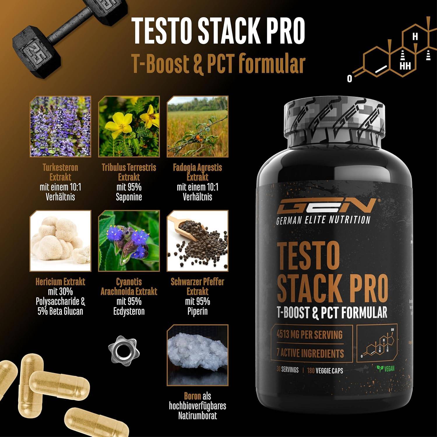 Testo Stack Pro - Extra Stark mit Turkesteron, Ecdysteron, Fadogia Agrestis, Tribulus, Hericium Extrakt, Boron - 180 Kapseln - Vegan – Bild 4