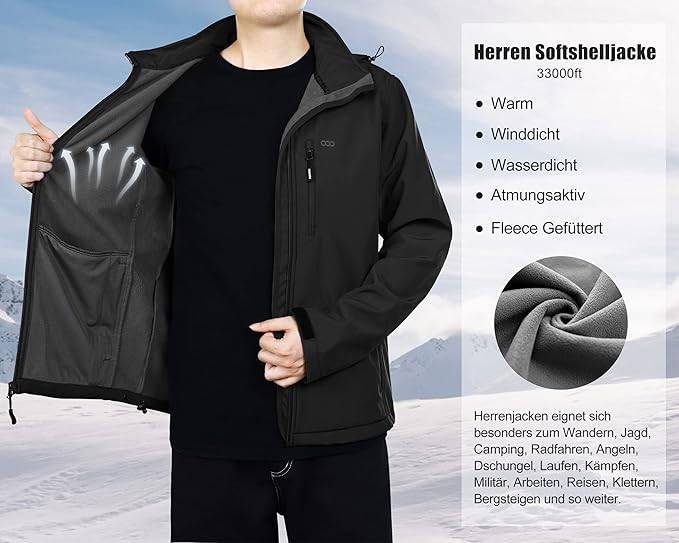 33,000ft Softshelljacke für Herren Wasserdicht Winterjacke Winddicht Warme Fleece Gefüttert Windbreaker Funktionsjacke Outdoorjacke für Wandern Fahrrad Camping – Bild 3