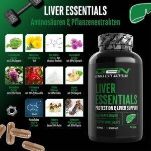 Liver Essentials - 180 Kapseln - Hochdosierter Leber Komplex mit Mariendistel, Cholin, NAC, Artischocken, Löwenzahn, Schizandra, Ingwerextrakt, Indol-3-Carbinol, Desmodium, Rutin - Vegan