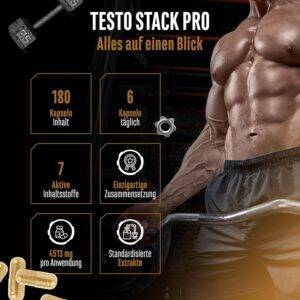 Testo Stack Pro - Extra Stark mit Turkesteron, Ecdysteron, Fadogia Agrestis, Tribulus, Hericium Extrakt, Boron - 180 Kapseln - Vegan