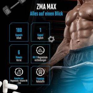 ZMA MAX - 180 Kapseln - Extra hochdosiert - Zink + Magnesium + Vitamin B6 - Premium: Mit 3 Magnesiumverbindungen - Laborgeprüft - Vegan