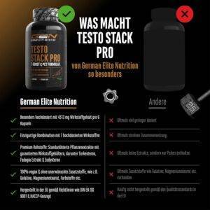 Testo Stack Pro - Extra Stark mit Turkesteron, Ecdysteron, Fadogia Agrestis, Tribulus, Hericium Extrakt, Boron - 180 Kapseln - Vegan