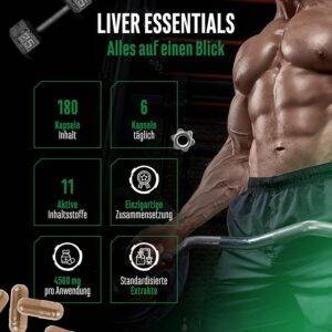 Liver Essentials - 180 Kapseln - Hochdosierter Leber Komplex mit Mariendistel, Cholin, NAC, Artischocken, Löwenzahn, Schizandra, Ingwerextrakt, Indol-3-Carbinol, Desmodium, Rutin - Vegan
