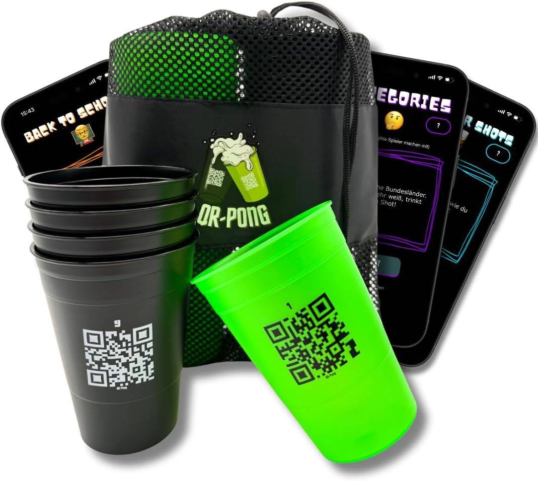 QR-Pong Interaktives Beer Pong Set, 20 Hartplastikbecher, 4 Tischtennisbälle, Schwarz/Grün/Pink