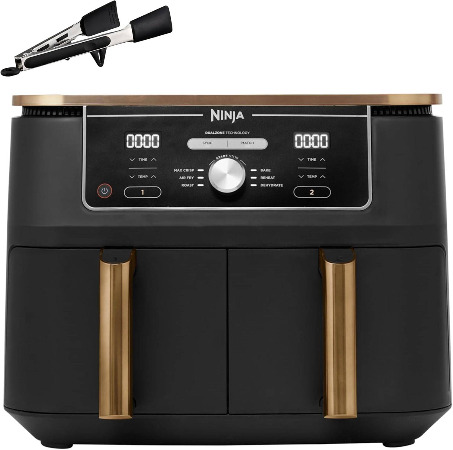 Ninja Foodi MAX Dual Zone Heißluftfritteuse, 9,5L Airfryer, 2 Fächer, mit Zange, Antihaftbeschichtung, spülmaschinenfeste Körbe, 6-in-1, Amazon Exklusiv, Kupfer/Schwarz, AF400EUCP