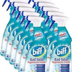 Biff Bad Total Hygienische Frische Badreiniger (12x 750 ml), Bad Reiniger gegen Kalk & Schmutz, Sprühflasche, Kalkentferner für alle Oberflächen und hygienische Sauberkeit im ganzen Bad