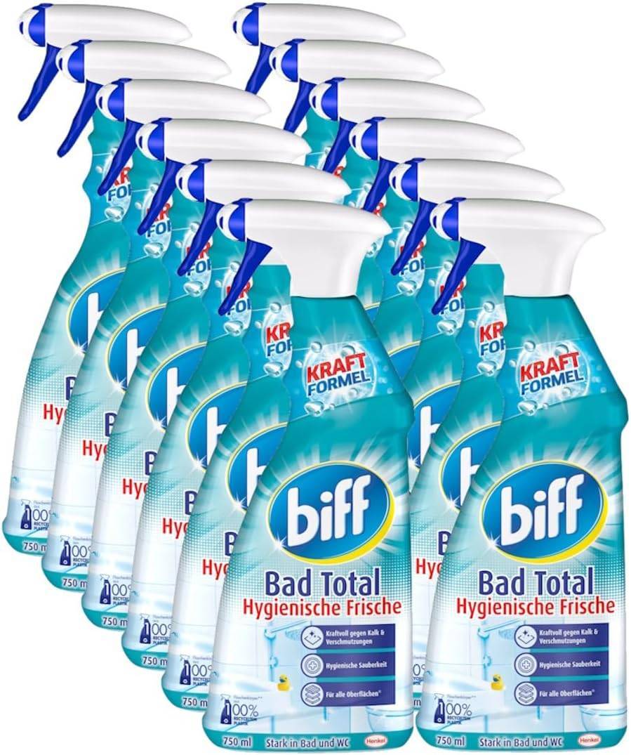 Biff Bad Total Hygienische Frische Badreiniger (12x 750 ml), Bad Reiniger gegen Kalk & Schmutz, Sprühflasche, Kalkentferner für alle Oberflächen und hygienische Sauberkeit im ganzen Bad