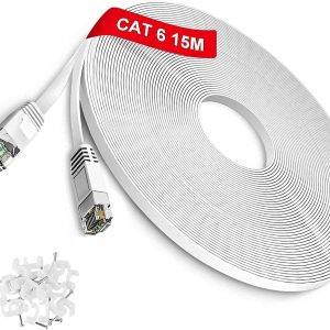 Lan Kabel Cat6 Flach Netzwerkkabel High Speed 250 MHz 1000Mbit/s Gigabit Ethernet-Kabel RJ45 Internetkabel Kompatibel mit Router/Modem/Patch-Panel/Mac Weiß,15Meter