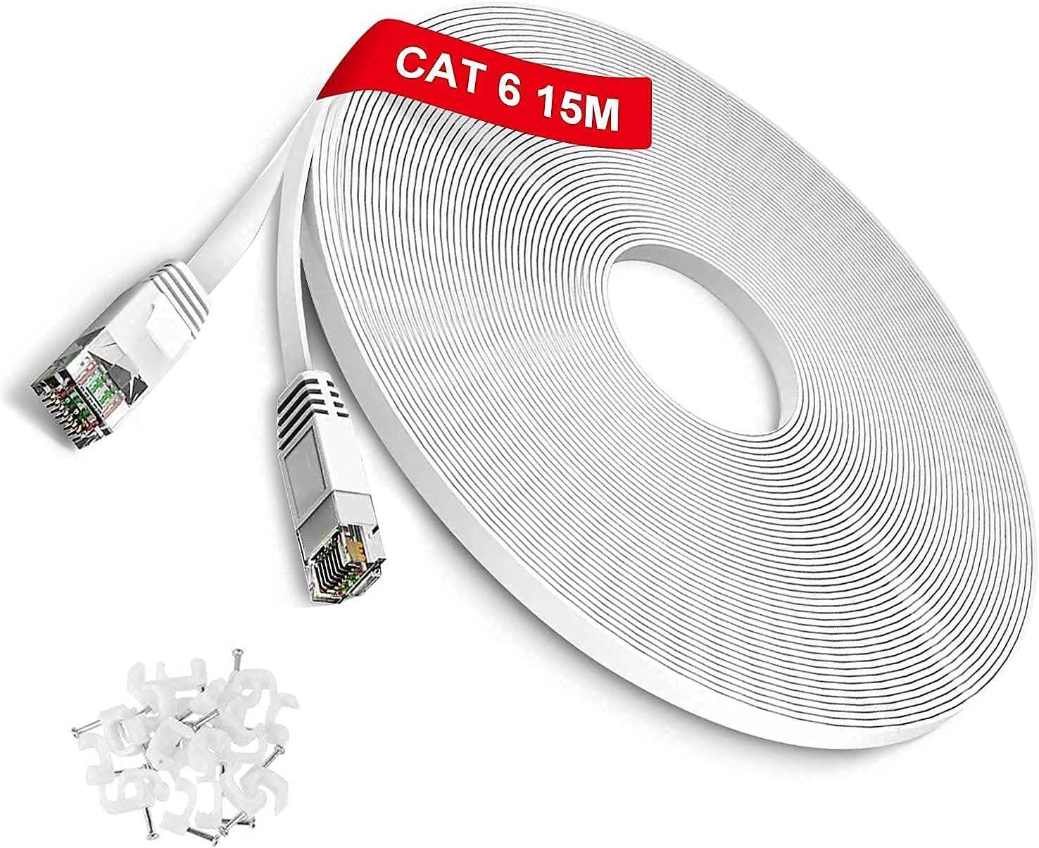 Lan Kabel Cat6 Flach Netzwerkkabel High Speed 250 MHz 1000Mbit/s Gigabit Ethernet-Kabel RJ45 Internetkabel Kompatibel mit Router/Modem/Patch-Panel/Mac Weiß,15Meter