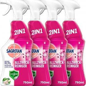Sagrotan Allzweck-Reiniger Blütenfrische & Grüner Apfel – 2in1 Desinfektionsreiniger für die zuverlässige Reinigung von Oberflächen – 4 x 750 ml Sprühflasche
