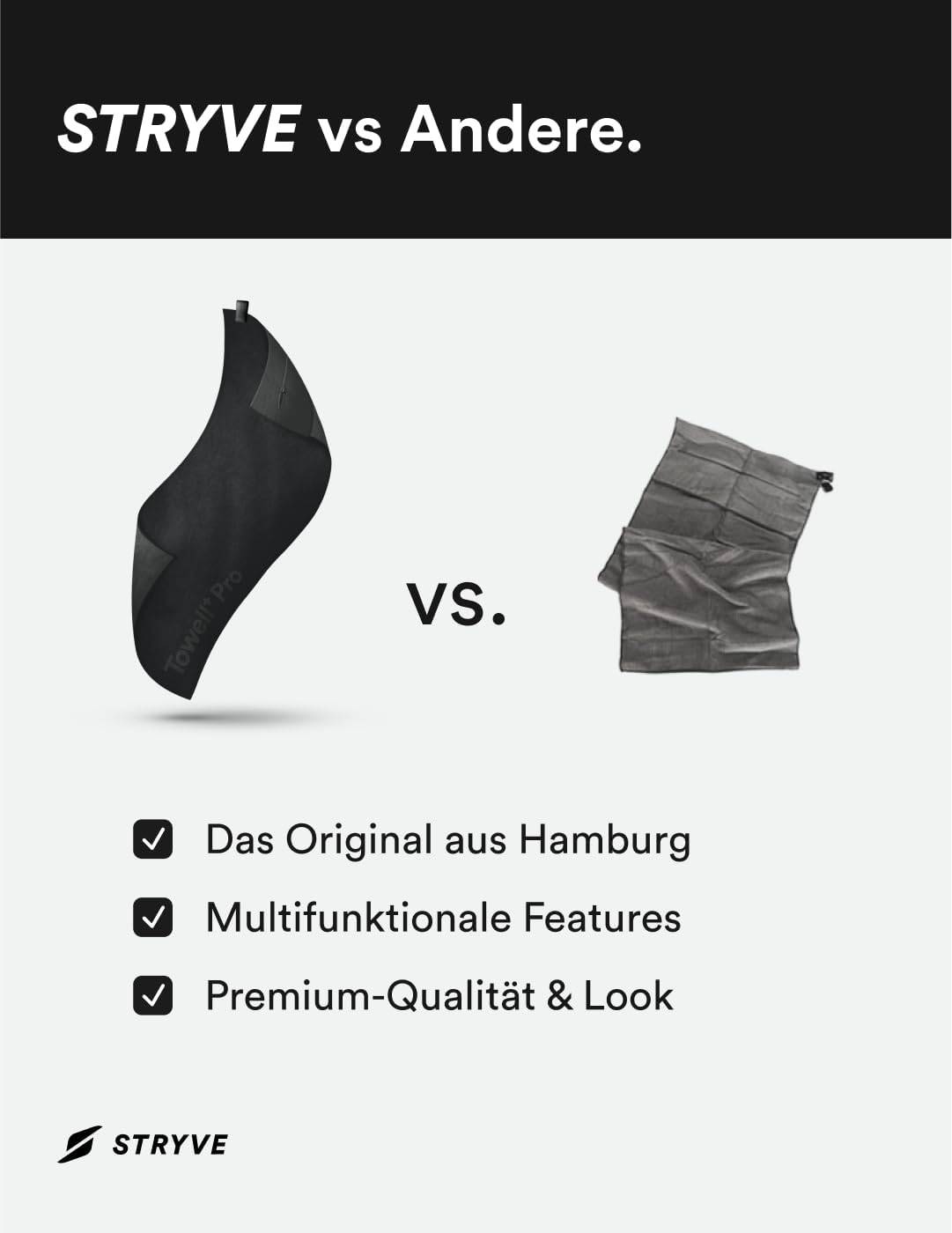 STRYVE Sporthandtuch – Das Original aus DHDL – Towell+ Pro – All Black – 105 x 42,5 cm – Magnetclip & Rutschschutz – Hygienisch & Funktional – Ideales Handtuch fürs Gym verfügbar – Bild 7