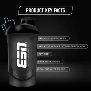ESN Shaker, Black, 600 ml, auslaufsicher, Shaker mit Messskala zum einfachen Dosieren, frei von BPA & DEHP