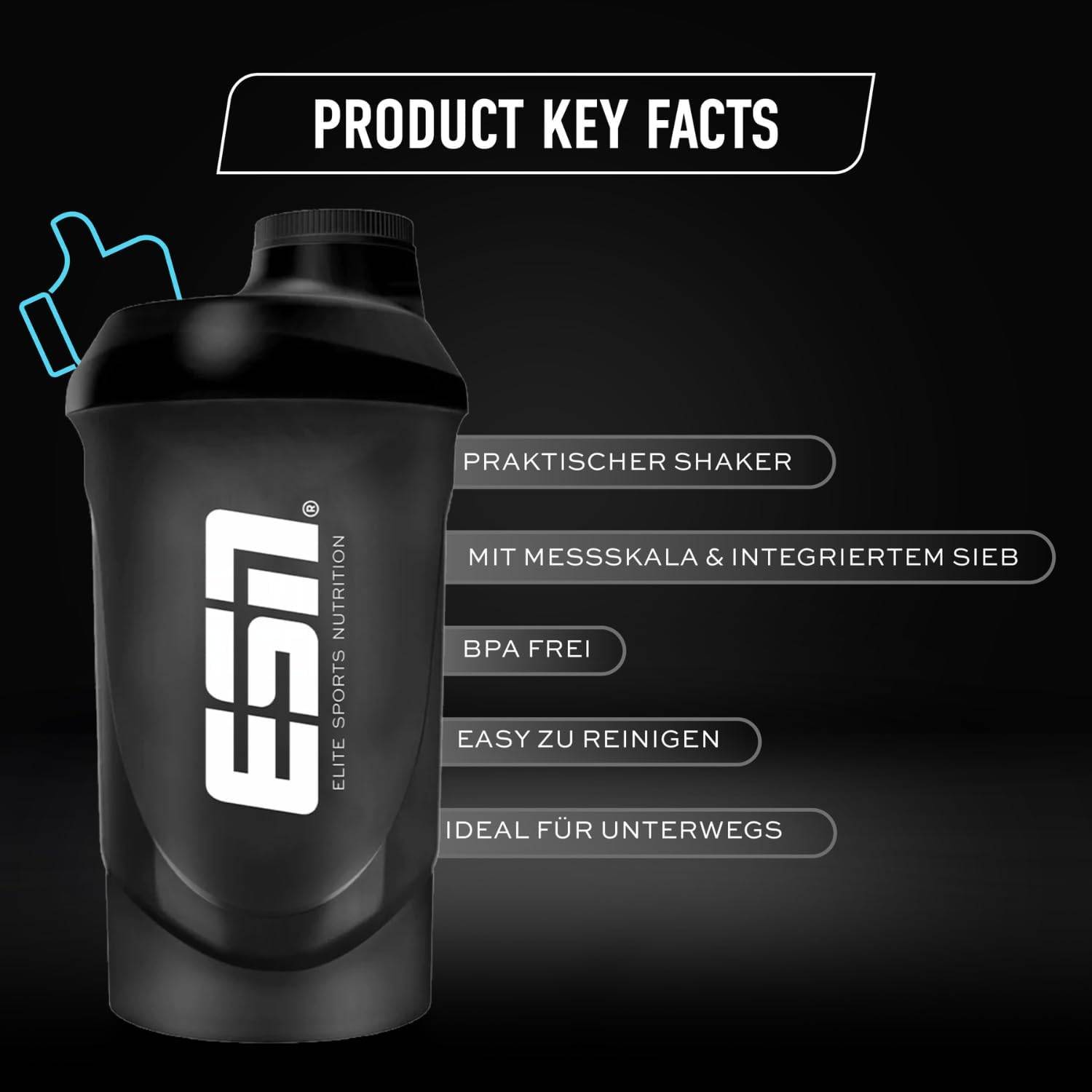 ESN Shaker, Black, 600 ml, auslaufsicher, Shaker mit Messskala zum einfachen Dosieren, frei von BPA & DEHP – Bild 3