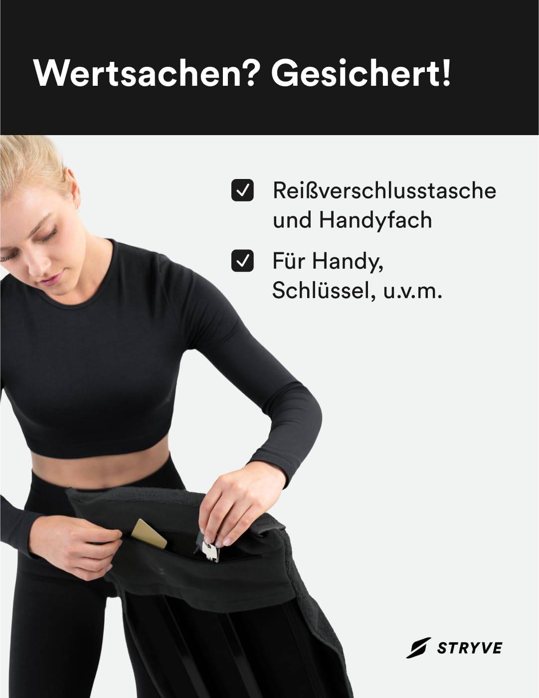 STRYVE Sporthandtuch – Das Original aus DHDL – Towell+ Pro – All Black – 105 x 42,5 cm – Magnetclip & Rutschschutz – Hygienisch & Funktional – Ideales Handtuch fürs Gym verfügbar – Bild 4