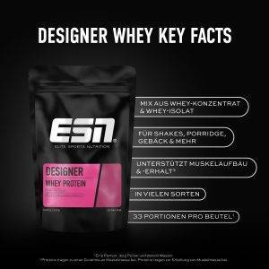 ESN Premium Designer Whey Protein Pulver, Almond Coconut, 1 kg, bis zu 23 g Protein pro Portion, ideal zum Muskelaufbau und -erhalt - made in Germany