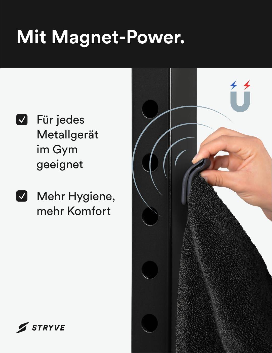 STRYVE Sporthandtuch – Das Original aus DHDL – Towell+ Pro – All Black – 105 x 42,5 cm – Magnetclip & Rutschschutz – Hygienisch & Funktional – Ideales Handtuch fürs Gym verfügbar – Bild 3